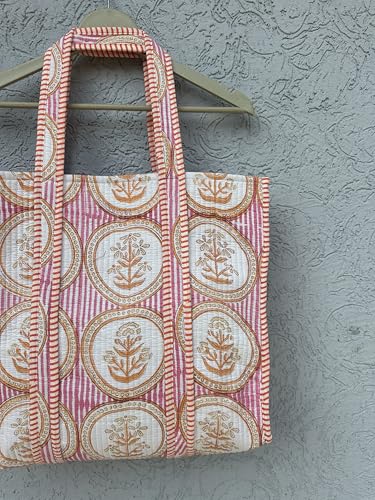 Image of Quilted Cotton Handprinted Reversible Large multicolor Floral Tote Bag,Hand Block Print Shopping Shoulder Carry Bag