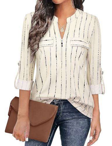 Image of Bulotus 3 /4 Length Sleeve Womens Striped Tops Zipper V Neck Collared Blouses Business Casual Tunics 2026 Spring Trendy