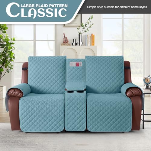 Image of KinCam 100% Waterproof Recliner Loveseat Cover with Console, Non-Slip Reclining Couch Covers for 2 Seat, Recliner Sofa Cover Furniture Protector with Elastic Straps for Kids, Pets, Light Blue