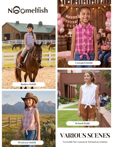 Image of Noomelfish Girls Sleeveless Button Down Shirt Tie Knot Blouse Western Cowgirl Outfit (5-12 Years)