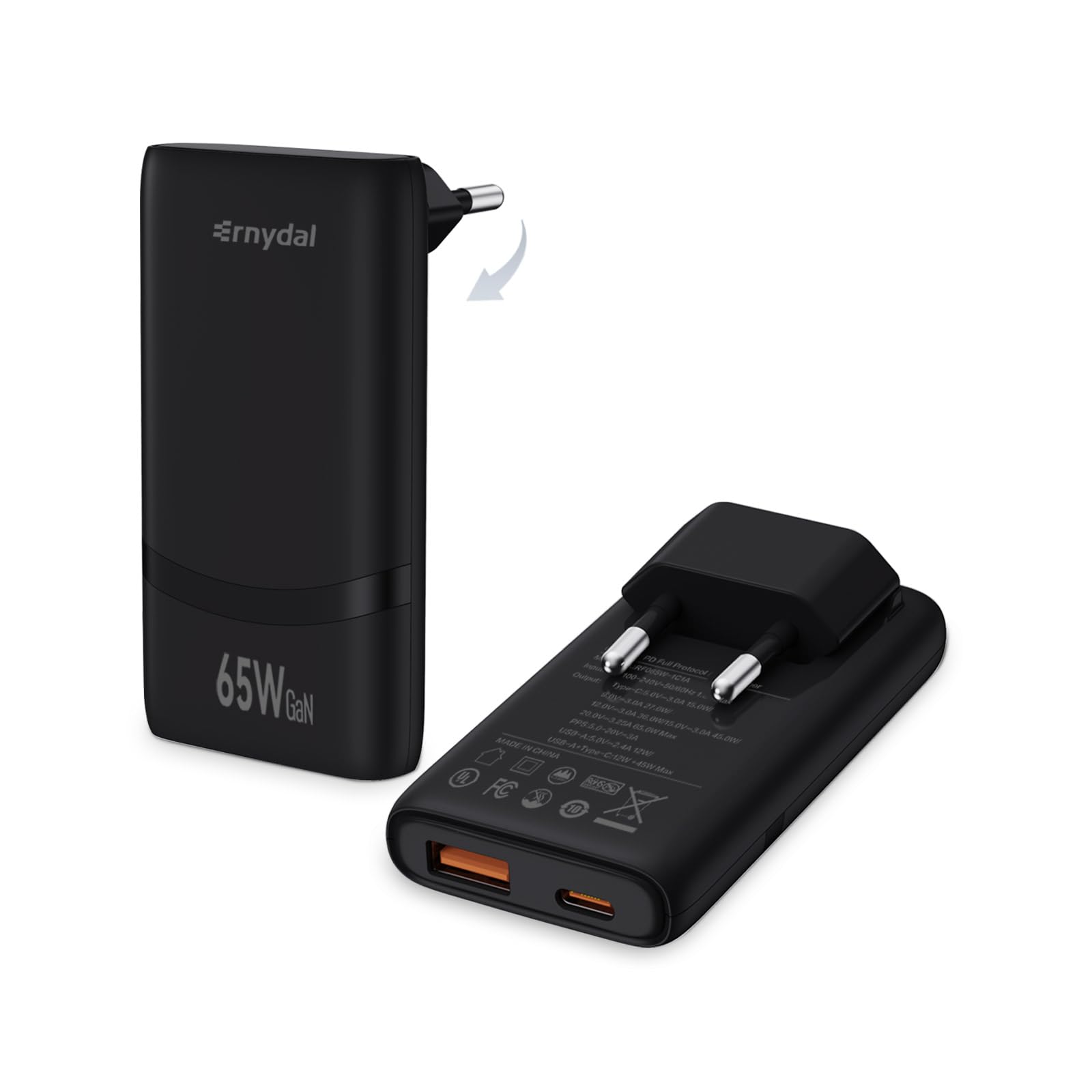 ERNYDAL 65W USB C Slim Ladegerät GaN II PD Schnellladegerät 2-Port PPS Netzteil für MacBook Pro/Air, Galaxy S20/S23/S24/S25 Ultra, iPhone 17/16/15/14, iPad, Pixel, Steam Deck, Dell XPS 13