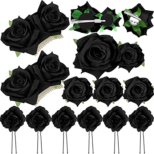 Waydress 12 Pieces Rose Flower Hair Clip Rose Brooch Floral Clips Mexican Flower Hair Pins Accessories for Women Mother's Day Gifts Flamenco Dancer Bridal Wedding Party Supplies
