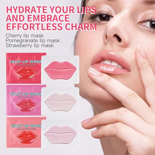 ARCHIDATE Fruchtlippenmaske Lip Sleeping Mask - 15 Stück Lip Mask mit Kirsche-Erdbeere-Granatapfel - Lippenpflege Feuchtigkeit Lippenmaske - Lip Mask Pad Set - Verblassende Lippenlinien Lippenpeeling