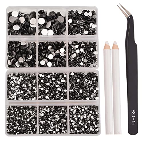 NCB 8000pcs Non Hotfix Rhinestones 10 Sizes Flatback Crystal Glass Rhinestones with Tweezers and Picking Pen for Nail Art Clothes Bags Phone Decorations Crafts DIY (002 Black Mix SS3-SS30)