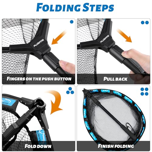 Image of PLUSINNO Fishing Net Fish Floating Landing Net, Kayak Nets with Fixed Foldable Telescopic Pole Handle, Bass Trout Fishing Nets with Nylon Mesh for Pond Lake River, Fishing Gear Gifts for Men Anglers