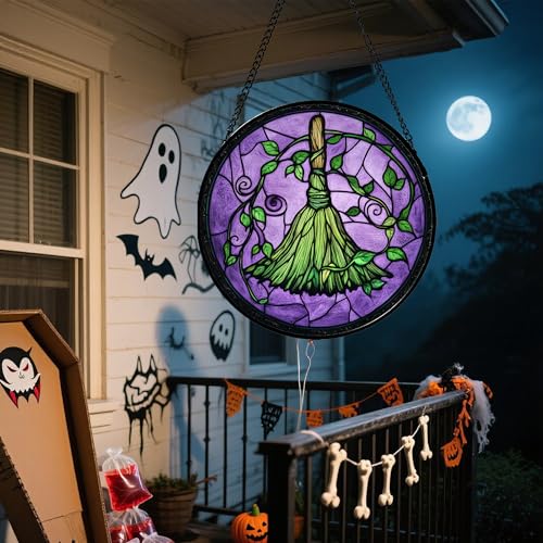 Image of Stained Glass Window Hanging - Halloween Decorations Witch Magic Broom Suncatcher for Doors Garden Indoor Funny Spooky Sun Catchers Gothic Decor Horror Gifts for Women Men Friend 7.8 in