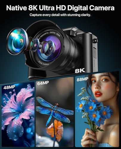 8K Digital Cameras for Photography, 2026 Autofocus 88MP WiFi Professional Photography Camera with Dual-Lens for YouTube, 16X Digital Zoom, TF Card, Lens Hood, Touch Screen,2 Batteries & Charging Stand Detail