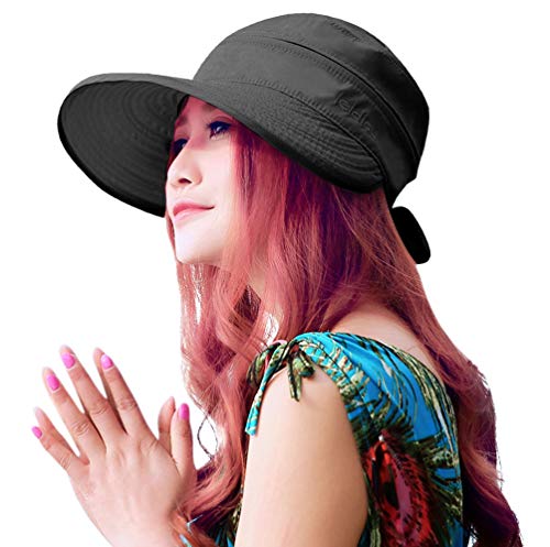 HINDAWI Sun Hats for Women with UV Protection Wide Brim Sun Hat Visor Summer Beach Outdoor Foldable Womens Cap (Black)