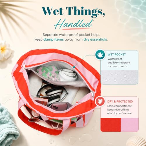 Image of LEDAOU Large Beach Bag Women Waterproof Sandproof Zipper Beach Tote Pool Bag for Swim Gym Grocery Travel with Wet Pocket