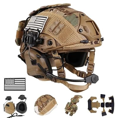 ClrfZebr Tactical Helmet with Headset,4in1 Upgraded Adjustable with Helmet Cover for Airsoft Cosplay Military Tactical Gear (TAN)