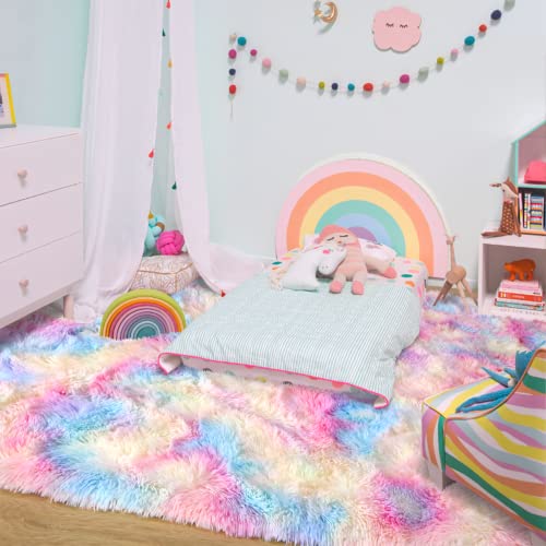 Ompaa Soft Fluffy Rainbow Kids Rug For Girls Bedroom Carpets, Pastel Unicorn Room Decor, Kawaii Tie Dye Rugs For Teens Dorm Aesthetic, Shaggy Nursery Area Rug For Baby Toddler Princess Room, 3X5 Feet #TOP4