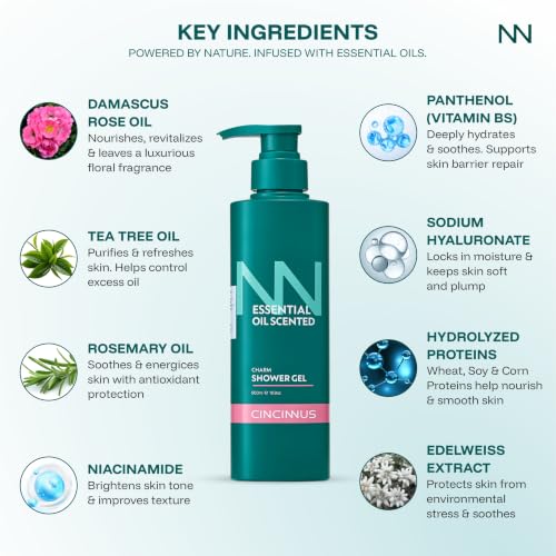 Image of Cincinnus Essential Oil Charm Body Wash Shower Gel for Women & Men with Rosemary, Tea Tree Oil, Niacinamide | Refreshing Gentle Cleansing, Moisturizing Body | For All Skin Types 500ml