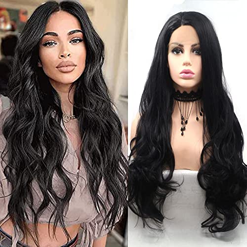 Perruque synthétique longue ondulée noire 61 cm raie au milieu en T pour femme