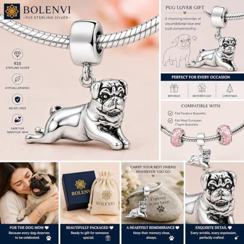 Image of PUG Puggle Mastiff Pug Dog Charm, 925 Sterling Silver Pug Dangle Bead Compatible with Pandora Bracelets, Dog Lover Gift Jewelry