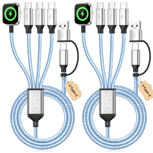 Image of 4in2 Multi Charging Cable for iWatch Charger /iPhone Charger /CarPlay Cable, Travel Vacation Essentials, (2Pack 5FT) 3 X USB C /iWatch Charger Cords for iWatch 11-1 /iPhone 17-15, Android Car, Blue