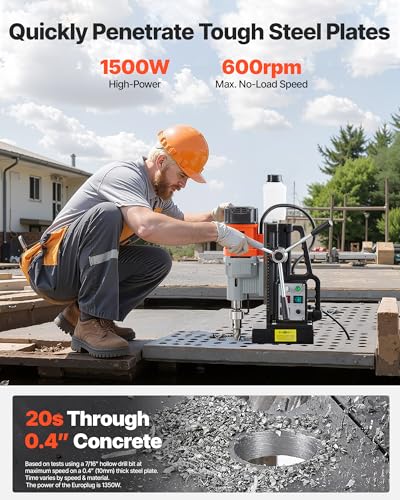 Image of VEVOR Magnetic Drill Press, 1550 W, 2.4 in Boring Diameter, 2922 lbf Power Mag Drill Press, 0-600 RPM Adjustable Speed, Morse Taper, M3-M16 Tapping, for Metal Surface, Industrial and Home Improvement | for Metal Surface Home Improvement Industry, 2922 lbf Magnetic Force, M3-M16 Tapping, Overload Protection & Cooling System