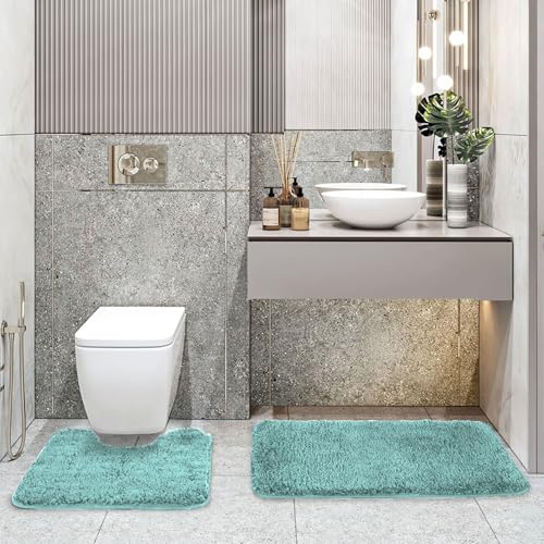 Image of LUXE HOME INTERNATIONAL Polyester Contour Bath Mat - Washable, Anti Skid, Water Absorbent Contour Mats for Bathroom, Toilet, Wash Basin & Bathroom Contour Mat Set (Aqua, 45x 75 cm & 40x45)