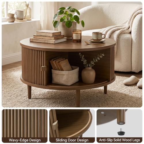 Image of Round Lift Top Coffee Table, 31.5 Inch Mid Century Modern Center Table with Hidden Storage & Sliding Door, Fluted Walnut Drum Table for Living Room
