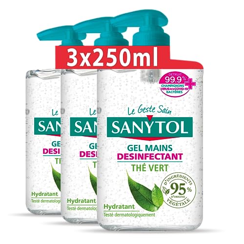 Sanytol - Gel Mains Désinfectant Thé Vert - 250 ml - Lot de 3 - Bactéricide, Virucide, Fongicide - Hydratant, Sans Rinçage, Ne Colle Pas - Testé...