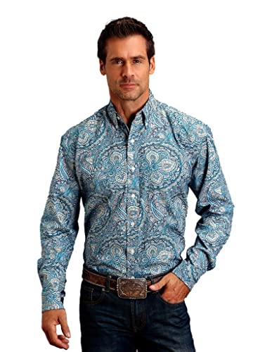 Stetson Men's Paisley Print Long Sleeve Button Down Western Shirt Blue Medium