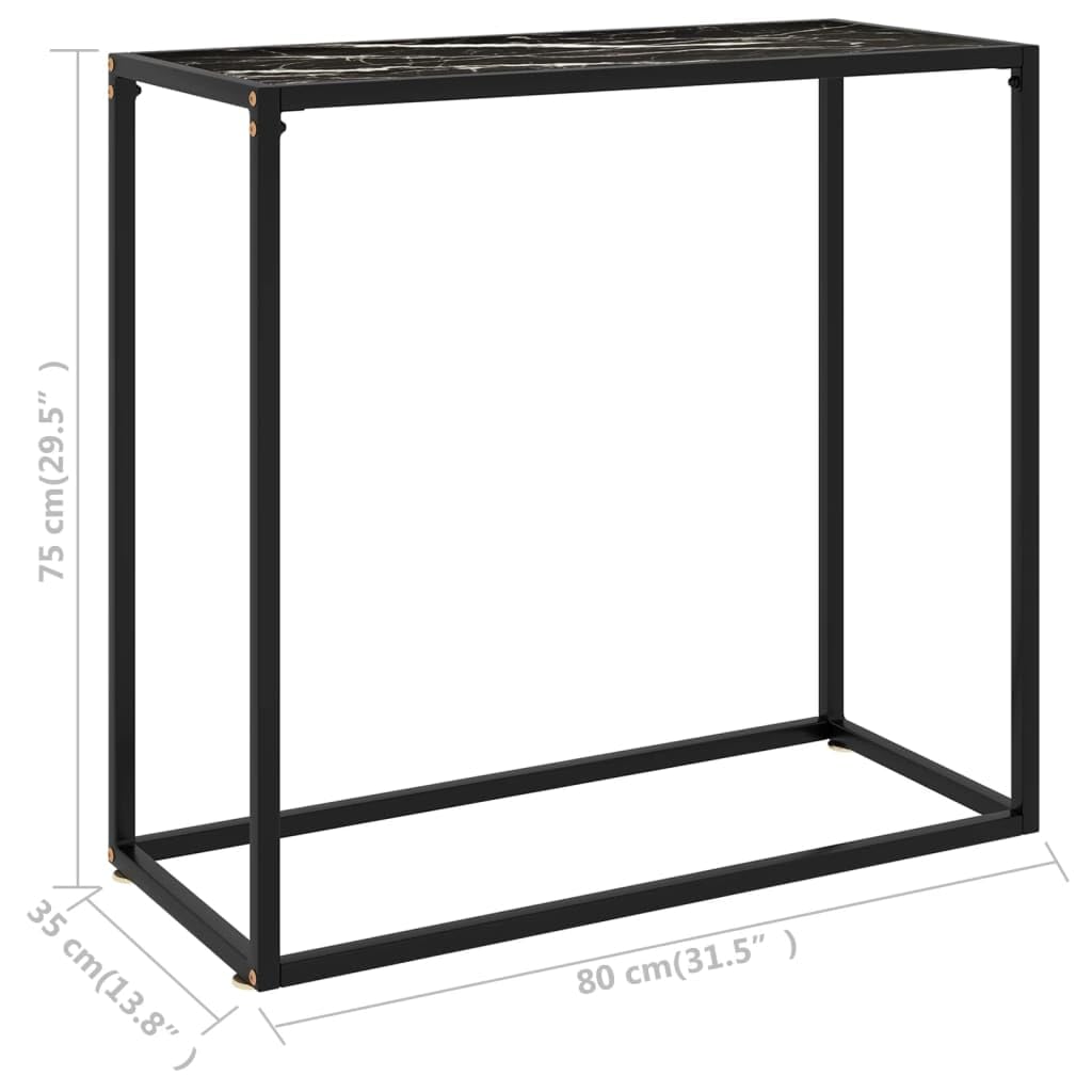 Stolik konsolowy, czarny, 80 x 35 x 75 cm, stolik pomocniczy ze szkła hartowanego o wyglądzie marmuru, wytrzymały stolik nocny do przedpokoju i salonu