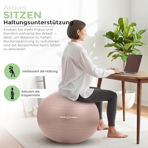 Body & Mind Gymnastikball inkl. Luftpumpe - Anti-Burst Pilates Ball, Pezziball für Schwangerschaft Ergonomischer Sitz als Büro-Stuhl, Sitzball für Yoga, Gymnastik & Workout (Rose, 55 cm)