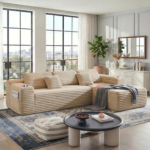 Image of KCGKCG 106 inch Cloud Sectional Couch with L Shape Chaise, Modern Frameless Modular Sofa with Cup Holders, Higher 17.7 inch Seat Height, 32D Pure Foam, No Assembly for Apartment (Camel, Right Facing Chaise)