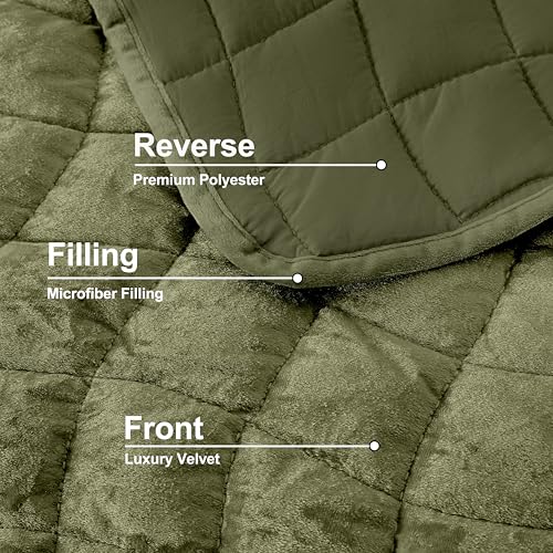 DOWNCOOL Velvet Quilt Set Queen Size, 3 Pieces Soft Lightweight Quilted Velvet Bedspread Coverlet Bedding with 2 Pillow Shams for All Season, Olive Green — view 5