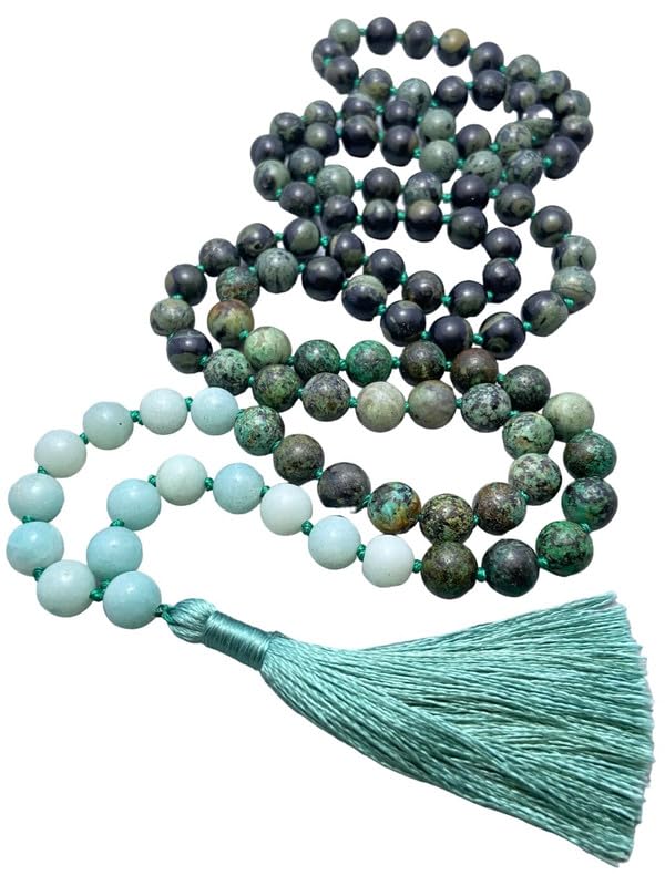 Mala en Amazonite Bleue 108 Perles de 10mm : Collier Noué de Méditation Spirituelle