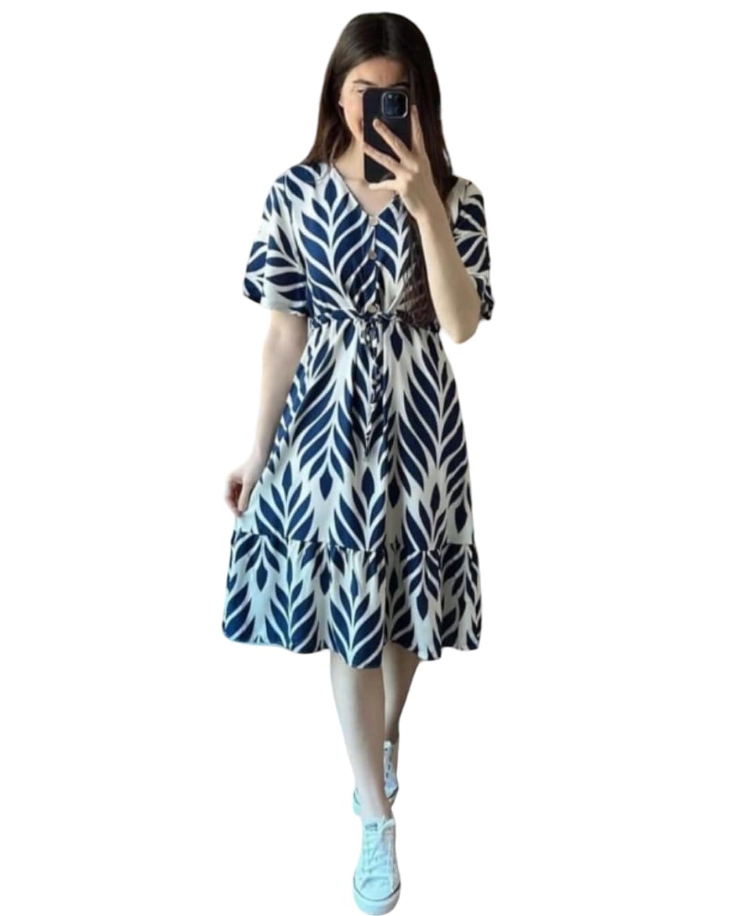Women's Blue & White Leaf Print Midi Dress | Casual Summer Dress for Women | Puff Sleeve V-Neck A-Line Dress with Adjustable Waist | Stylish, Party & Vacation Dress-image-13
