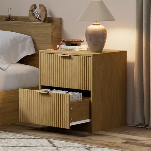 Image of Furniway Nightstands Set of 2, Fluted Nightstand with Gold Metal Handles and 2 Drawers, Modern Bedside Table, 18.5 inch Wide Wood End Table for Bedroom, Natural