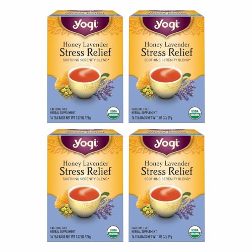 Yogi Tea Honey Lavender Stress Relief - 16 Bags per Pack (4 Packs) - Organic Chamomile Lavender Tea - Includes Lemon Balm, Lemongrass, Spearmint Leaf, Peppermint Leaf, Honey Flavor & More