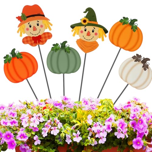Anglechic 6 Pcs 12 Fall Outdoor Decor Garden Stakes Pumpkin Scarecrow Maple Leaves Fall Metal Yard Sign Autumn Yard Stakes Outdoor Thanksgiving Decorations for Planter Lawn Patio Walkway Porch