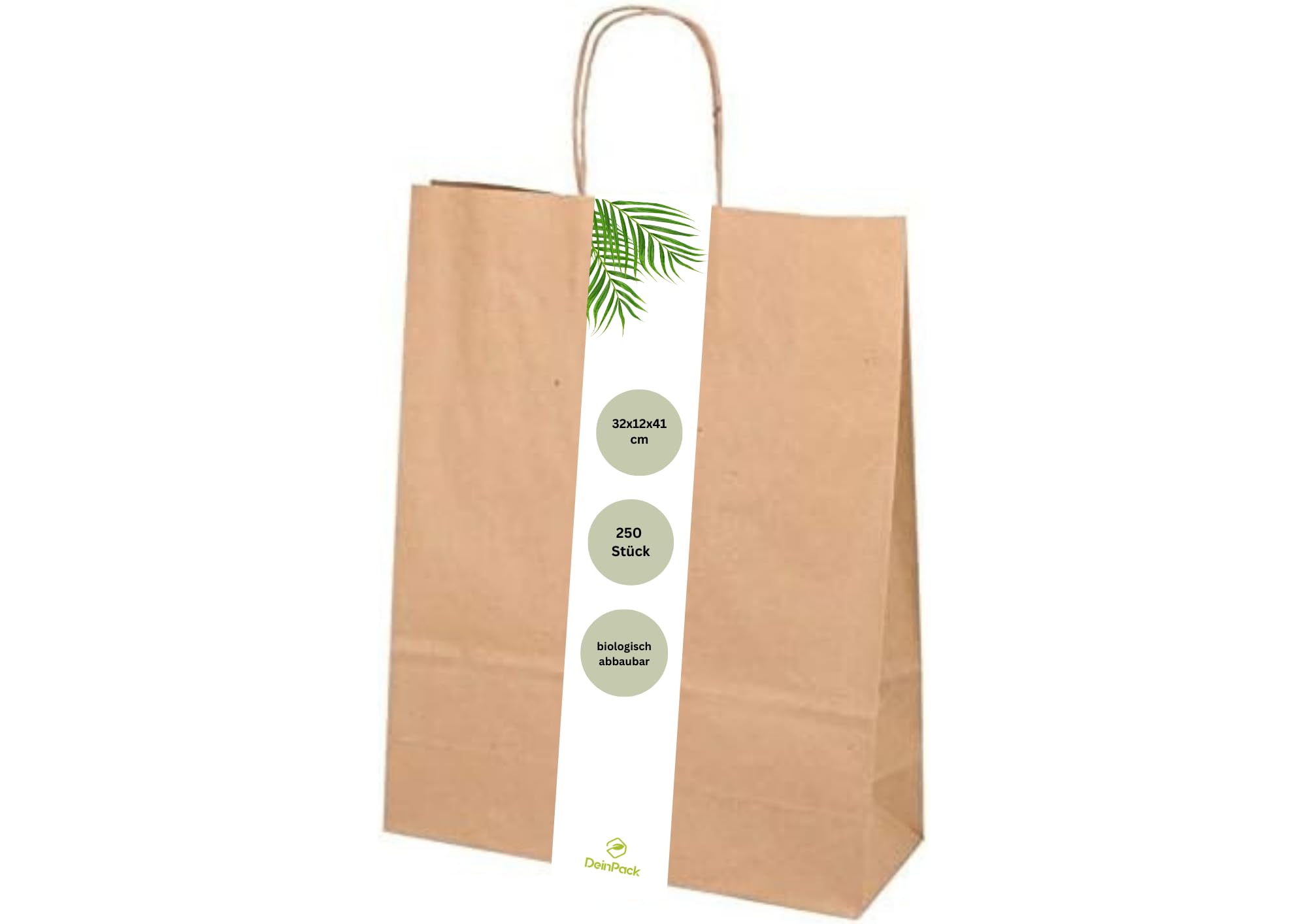 250 Papier Tragetaschen 32 x 12 x 41 cm groß I Umweltschonende Papiertüten Geschenktüten Papiertragetaschen biologisch abbaubar, kompostierbar I braune Papier Tüten