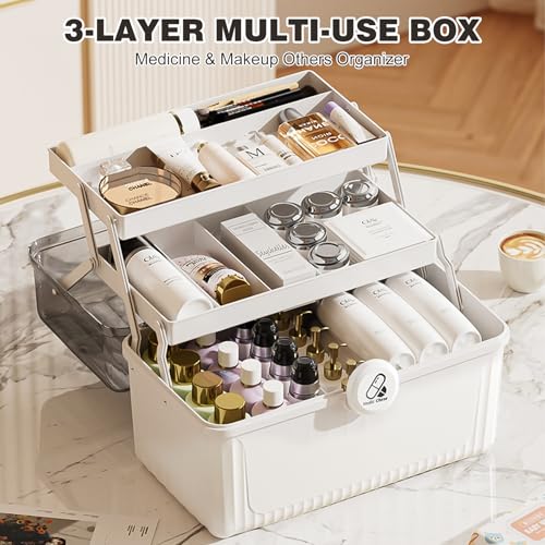 Kezidhp Hausapotheke Box Große Medikamenten Aufbewahrung mit 3 Etagen & Tragegriff, Medizinbox Erste Hilfe Koffer, Multifunktionaler Medizinkoffer für Zuhause, Reise & Familie 30,5x20x21,5cm