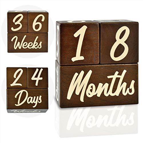 I'm Solid Wood Weekly Monthly Yearly Baby Milestone Age Blocks, Gender Neutral, Newborn Gifts &amp; Keepsakes for Picture Props (3 Pcs/Brown)