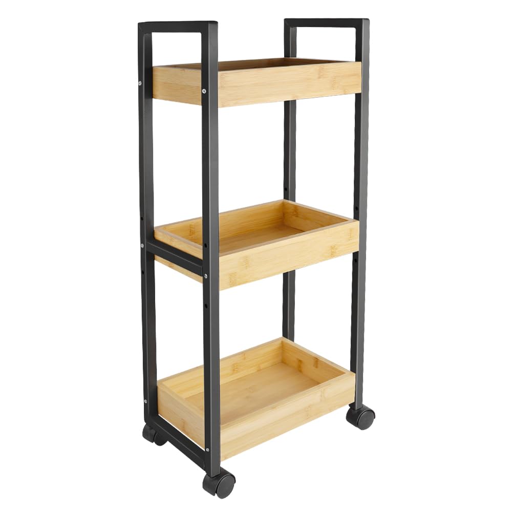 HUOLE Estantería Delgada de Baño, Carrito de Almacenamiento de 3 Niveles sobre Ruedas, Estantería de Bambú y Madera de Baño Estantería de Pie 3 Cestas dim. 30L x 20l x 80H cm-Negro