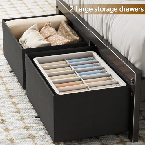 Image of Furnulem Twin Bed Frame with 2 Storage Drawers & Charging Station, Twin Platform Bed Frame with Headboard & LED Lights, No Box Spring Needed, All in One, Easy to Install, Noise Free (500 lbs Capacity)