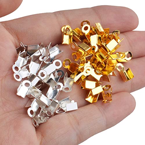 Image of Fold Over Crimp Cord Ends for Jewellery Making, Cord End Caps for DIY Necklace and Bracelet Making Gold and Silver 4 x 8 mm 100 Pieces (50 Gold + 50 Silver)