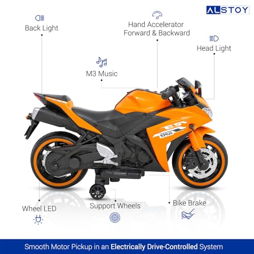 Image of Alstoy Ninja Ride-On Bike for Kids | 12V Rechargeable Battery Electric Toy Bike | Bluetooth Music | 35kg Capacity | Ages 3-8 Boys & Girls | BIS /ISI Approved | 6-Month Warranty | Large | Orange