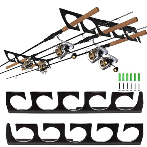Fishing Rod Holders Vertical Rod Rack, Wall Mounted Fishing Pole Holders Store 5 Rods or Fishing Rod Rack Combos, Fishing Rod Holders for Garage, Wall, any Basement or Cabin Location