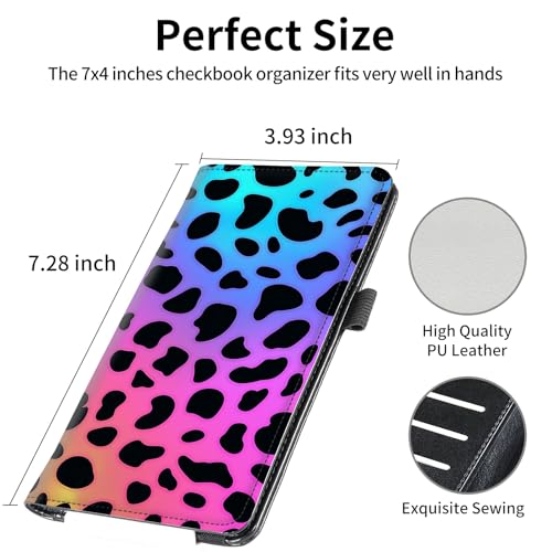 Image of FUYOCWE Leather Checkbook Covers for Men Women Check book Holder Cover Wallets for Personal Checkbook Duplicate Checks with RFID Blocking & Elastic Strap-Colorful Leopard Print