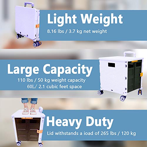 Image of Foldable Utility Cart Folding Portable Rolling Crate Handcart with Durable Heavy Duty Plastic Telescoping Handle Collapsible 4 Rotate Wheels for Travel Shopping Moving Luggage Office Use(Purple)