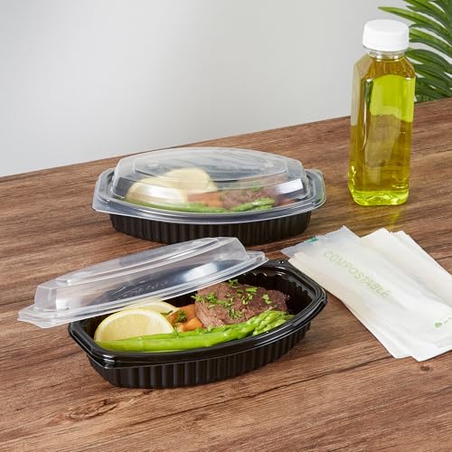 Image of Restaurantware-RW Base 16 Ounce Meal Prep Containers, 100 Microwavable To Go Containers With Lids - Disposable, Freezable, Black Plastic Oval Food Containers, Pack Hot And Cold Food, For Takeaway