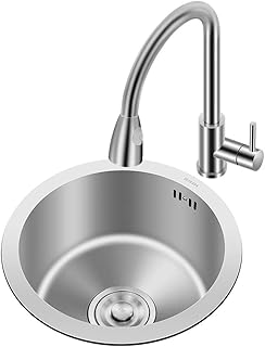 Lavelli da cucina Lavandino Rotondo del Bancone Bar Acciaio Inossidabile Lavello da Balcone Rubinetto Estraibile (Color : Silver, Size : 36cm)