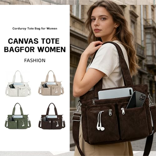 Image of Corduroy Tote Bag for Women with Pockets,Large Crossbody Purse for Laptop,Work,College,Everyday,Travel