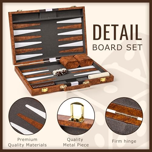 ROPODA Backgammon Board Game Set (15 Inches) - Classic Strategy Game for 6+ Players - Portable & Travel-Friendly with Premium Leather Case