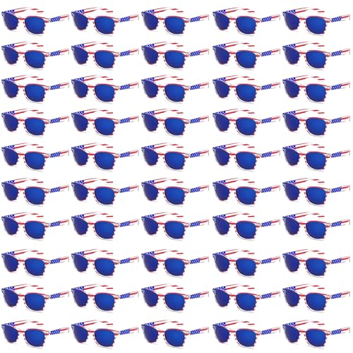 QYVEWY Bulk American Flag Sunglasses for Adult Classic Patriot 4th of July Glasses UV400 Protection 50/100 Pack (50Clear Blue lens)