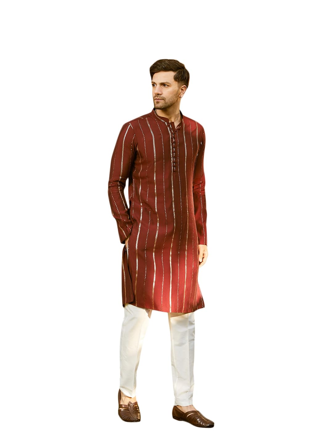 See Designs Men Full Sleeve Maroon And Gold Chanderi Silk Sequins Mandarin Collar Side Slit Kurta With Pyjama - Sdkt243401M