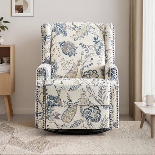 Image of Swivel Rocker Recliner Chairs Set of 2, 360 Swivel Wingback Recliner Chairs for Adults, Upholstered Printed Fabric Glider Rocking Chair with High Back, Deep Seat for Living Romm Bedroom, Plants Blue